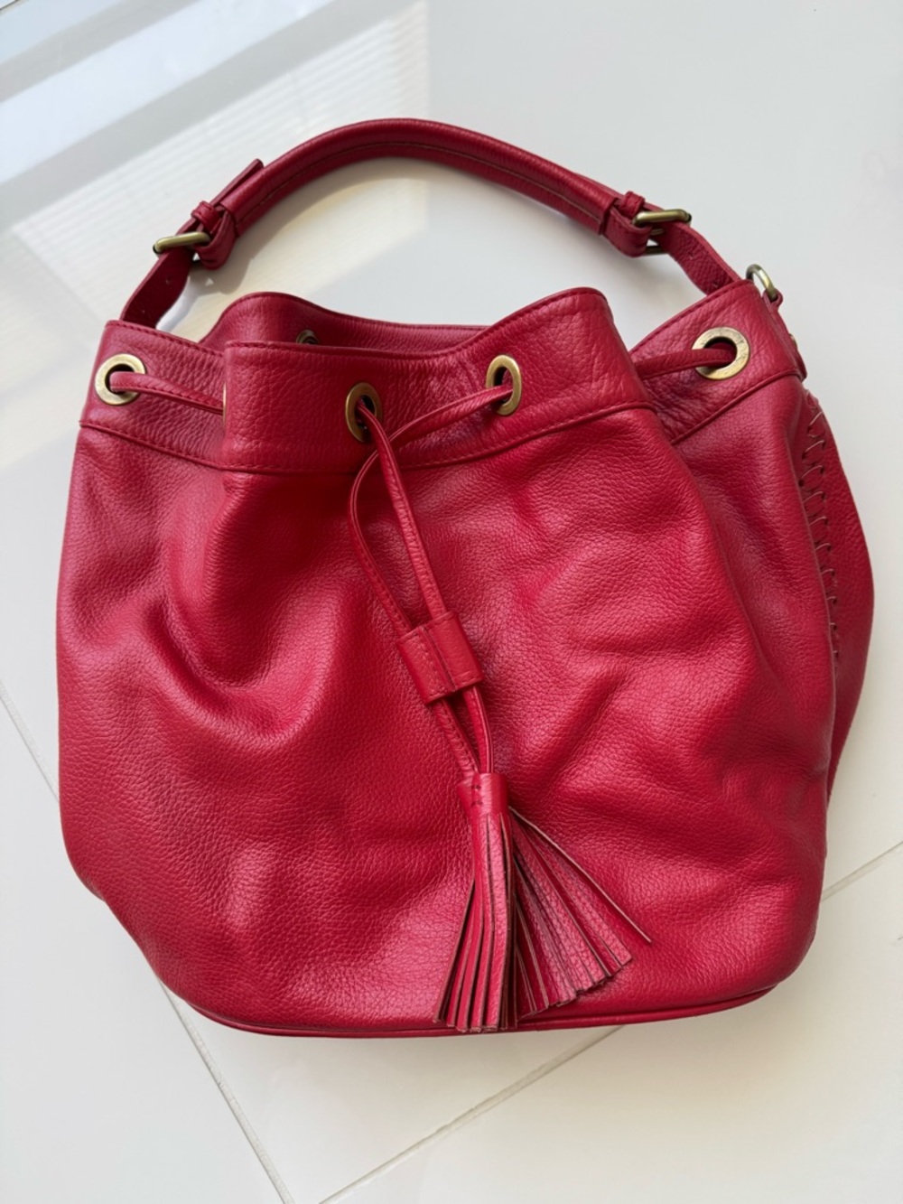 Boden Red Leather Drawstring Bucket Bag - Women's Handbag